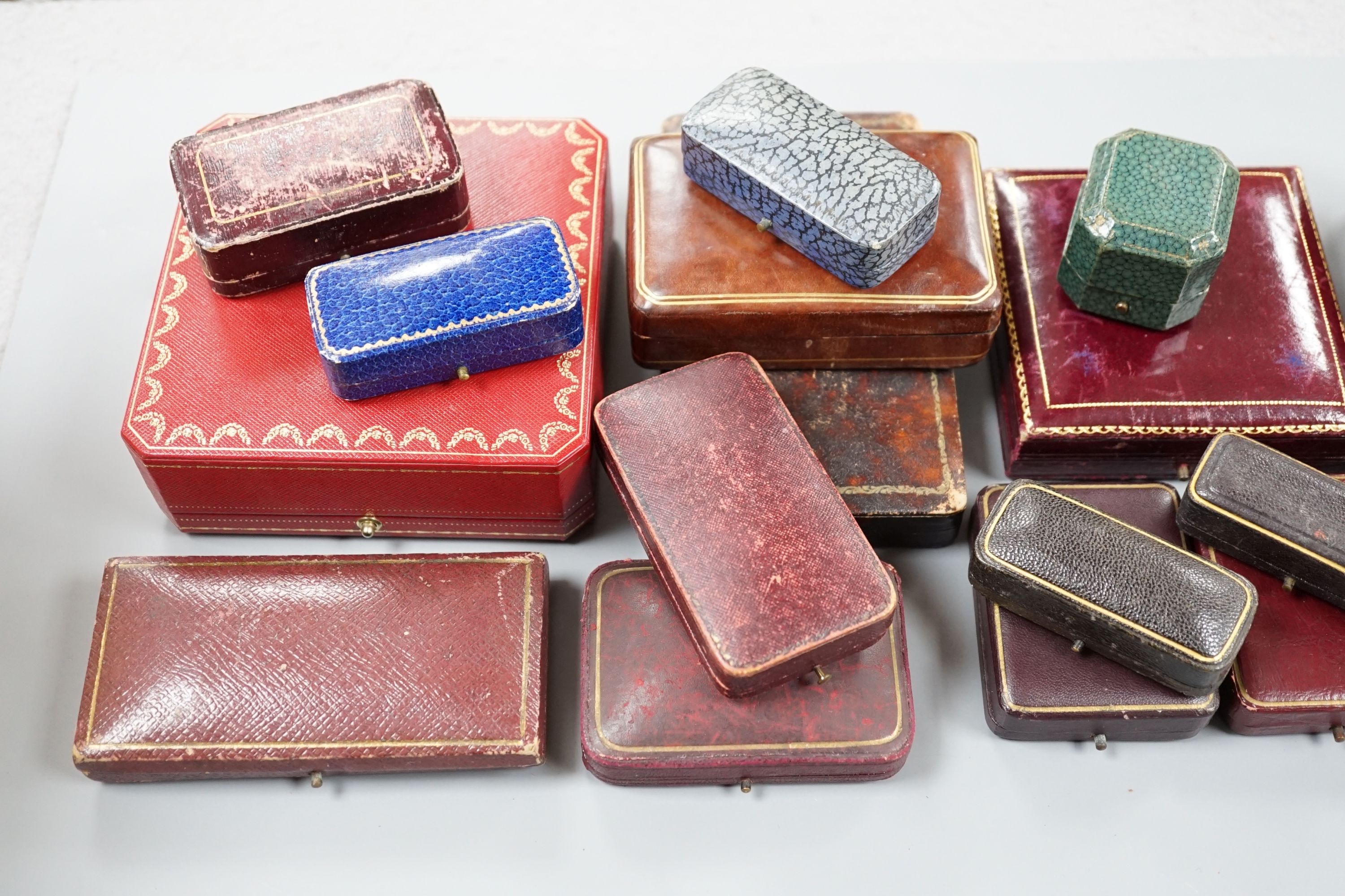 A quantity of mainly early to mid 20th century assorted jewellery boxes, including Antrobus and Wilson & Gill and a later Cartier box.